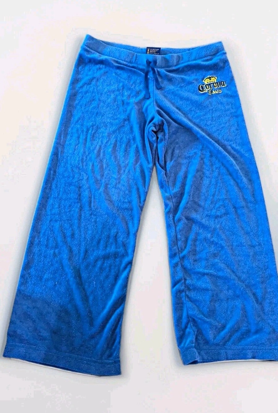 Corona Extra Women's Size L Blue Terry Cropped Pants Drawstring Pockets Logo